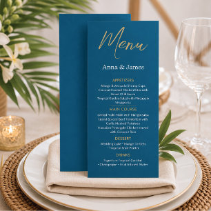 Blaues & Goldenes Hochzeitsempfangsmenü am Zielort Menükarte