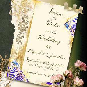Blaues & Goldenes Mexikanisches Otomi-Barock Elega Save The Date