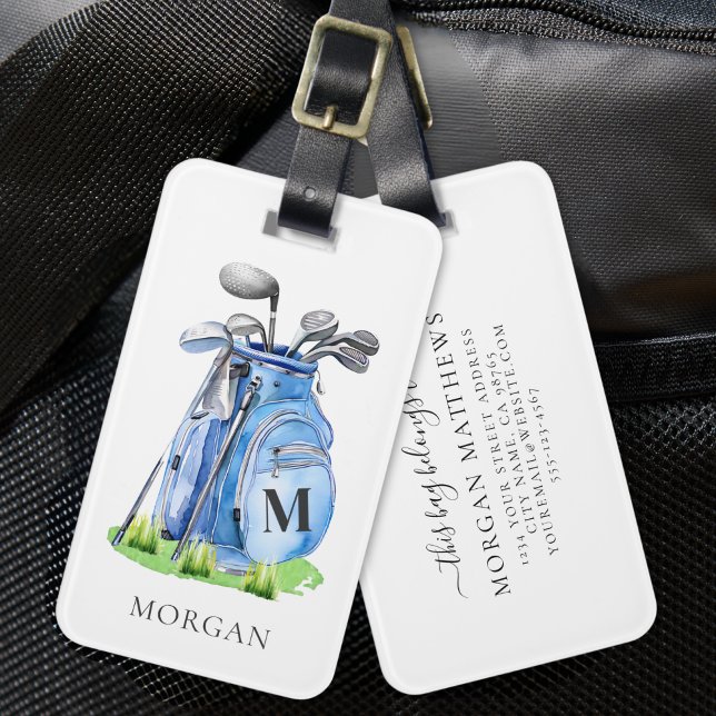 Blaues Golfbag Monogramm Gepäckanhänger (Blue Golf Bag Monogram Luggage Tag)