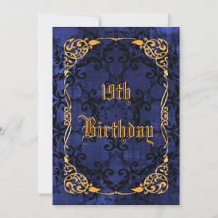Blaues Gothic & Gold gerahmter 19. Geburtstag Einladung