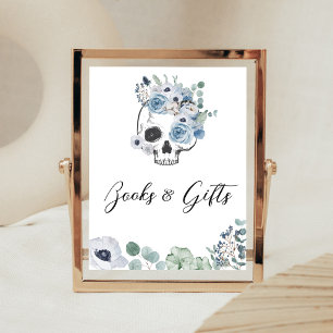 Blaues gotisches florales Totenkopf Bücher und Ges Poster