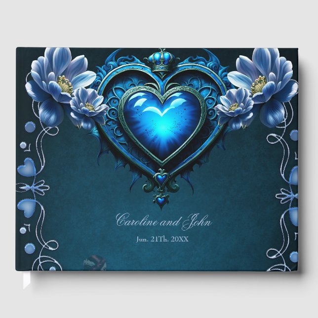 Blaues gotisches Herz umgeben von magischen Blume Gästebuch (Vorderseite)