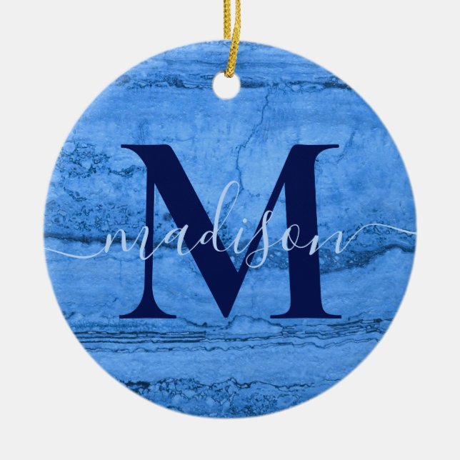 Blaues Granitmuster, Monogramm aus blauem Marmorst Keramik Ornament (Vorne)
