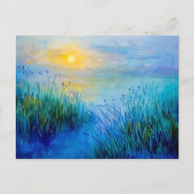 Blaues Grasland bei Sonnenaufgang Feiertagspostkarte (Vorderseite)