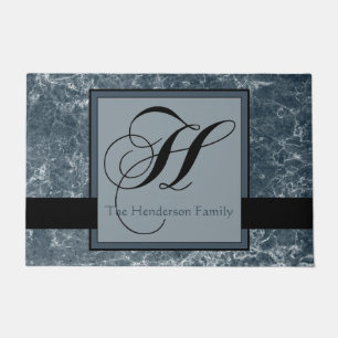Blaues Grau-Marmor-Muster-Schwarz-Monogramm H Fußmatte