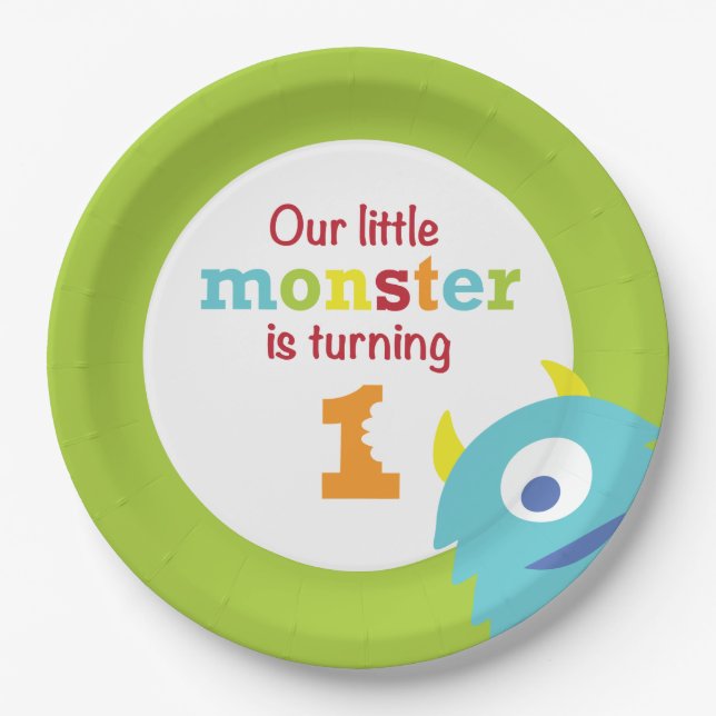 Blaues Grün des kleinen Monster-1. Geburtstages Pappteller (Vorderseite)