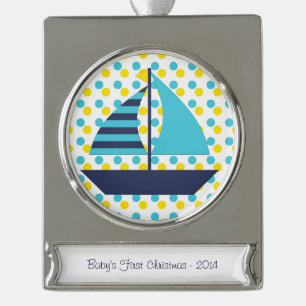 Blaues Grün-Segel-Boot Banner-Ornament Silber