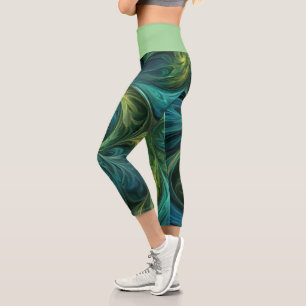 Blaues grünes AI-Fraktal-Muster Capri Leggings
