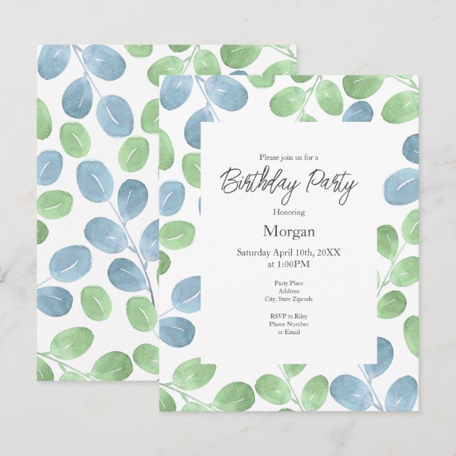 Blaues grünes Aquarellmuster Rundleaf Muster Einladung (Vorne/Hinten)