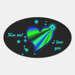 Blaues grünes Regenbogenherz mit Sternen Ovaler Aufkleber