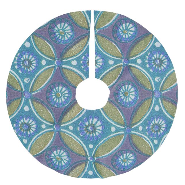 Blaues grünes Rustikales Boho Geometrisches Zirkel Polyester Weihnachtsbaumdecke (Vorderseite)