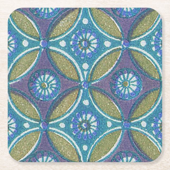 Blaues grünes Rustikales Boho Geometrisches Zirkel Rechteckiger Pappuntersetzer (Vorderseite)