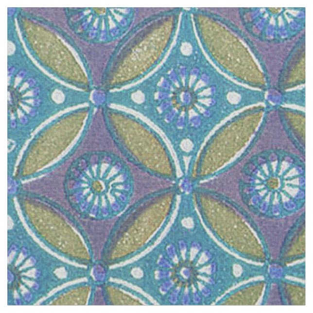 Blaues grünes Rustikales Boho Geometrisches Zirkel Stoff (Nahaufnahme)