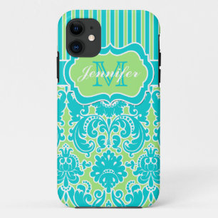Blaues, grünes, weißes gestreiftes Damast iPhone Case-Mate iPhone Hülle