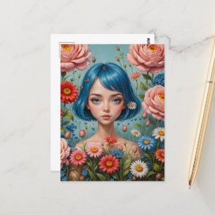 Blaues Haar und Blume Postkarte