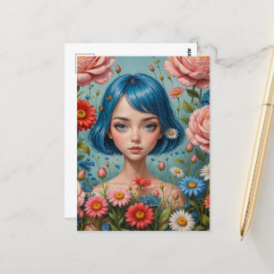 Blaues Haar und Blume Postkarte