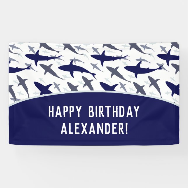 Blaues Hai Muster mit Name Boy Birthday Party Banner (Horizontal)