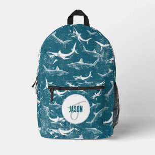 Blaues Hai-Muster-Monogram-Schule Bedruckter Rucksack