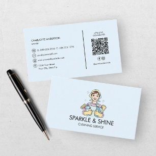 Blaues Hausreinigungsdienst QR-Code Visitenkarte