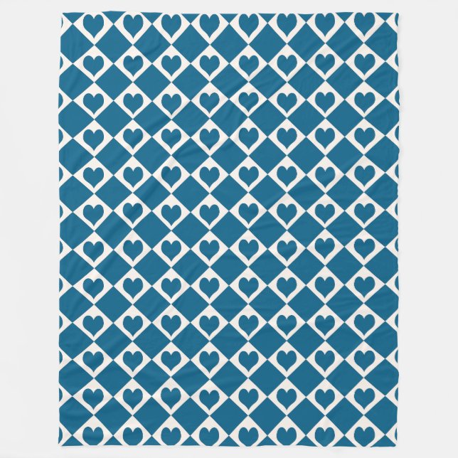 Blaues Herz-Schachbrett-Muster Fleecedecke (Vorderseite)