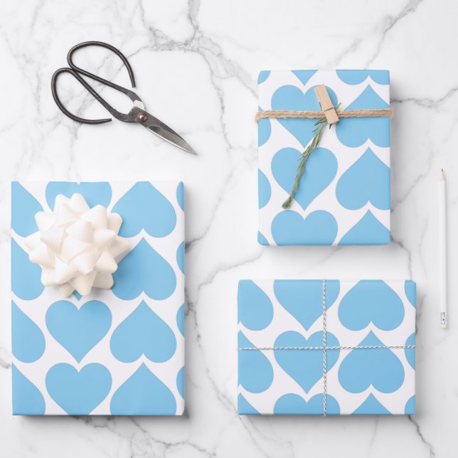 Blaues Herzmuster, Romantik, Liebe Geschenkpapier Set (Vorderseite)