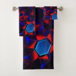 Blaues Hexagon gemischt mit überlappenden roten Ku Badhandtuch Set