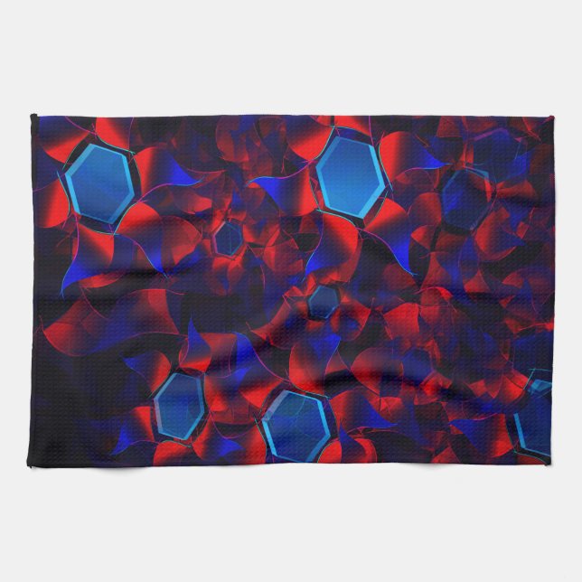 Blaues Hexagon gemischt mit überlappenden roten Ku Geschirrtuch (Horizontal)