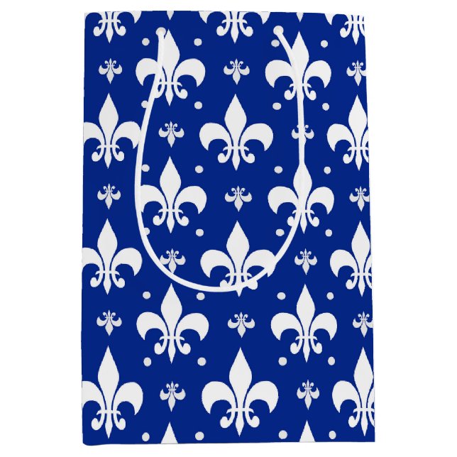 Blaues Hintergrund Fleur-de-lis-Muster Mittlere Geschenktüte (Vorderseite)