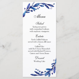 Blaues Hochzeitsmenü botanisch. Abendmenü Menükarte