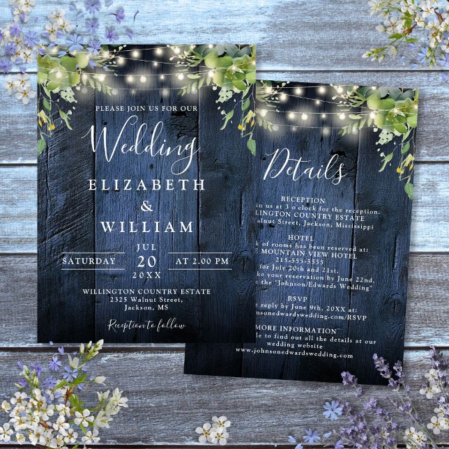 Blaues Holz und weiße Rasenflächen Details Hochzei Einladung (Blue Wood String Light Greenery Details Wedding Invitation)
