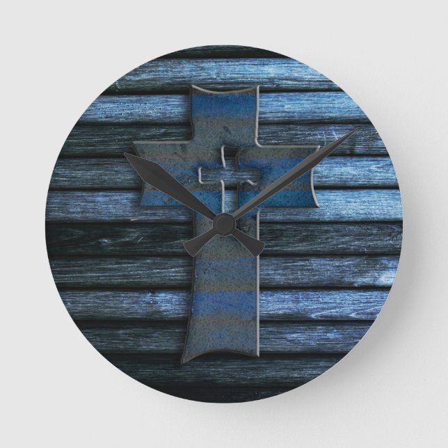 Blaues hölzernes Kreuz Runde Wanduhr (Vorderseite)
