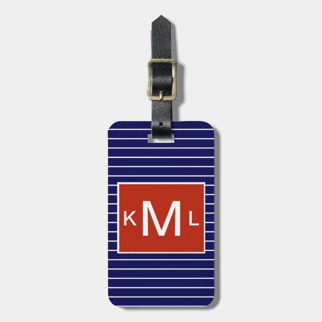 Blaues, horizontales Streifen, rotes Monogramm Gepäckanhänger (Vorderseite vertikal)
