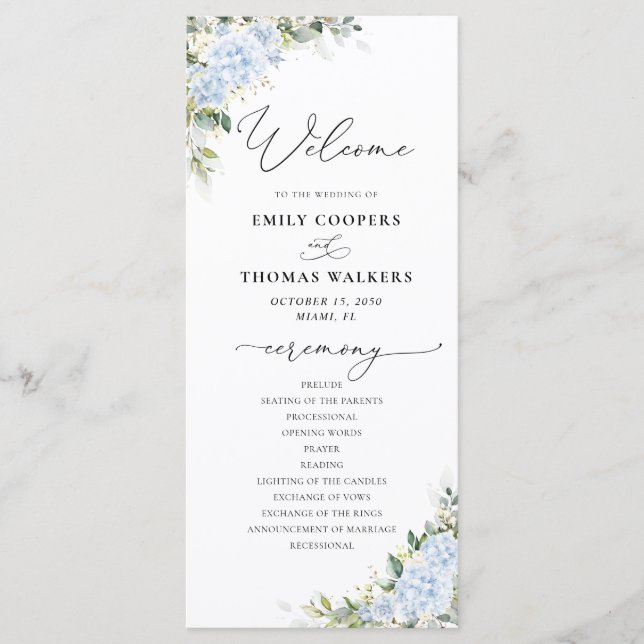 Blaues Hortensien-Blumen-Hochzeitsprogramm Programm (Vorderseite)