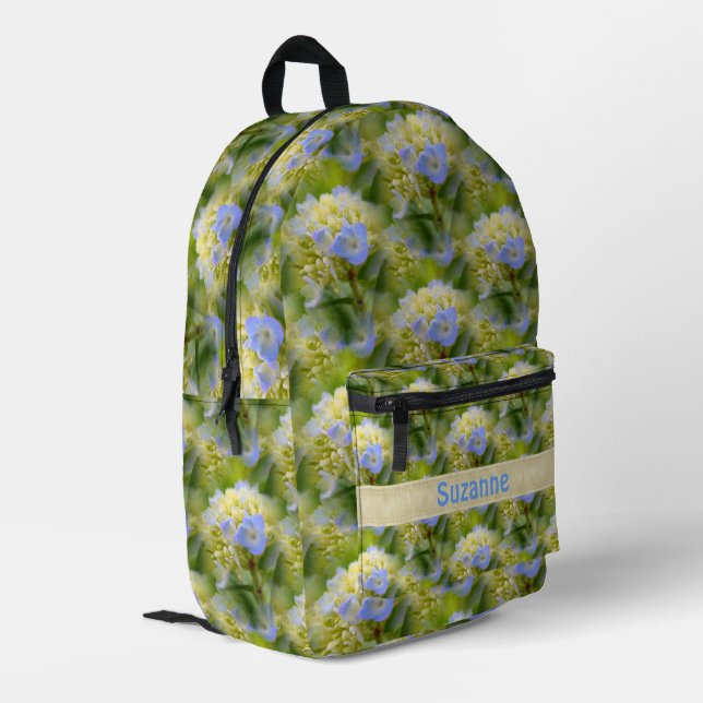 Blaues Hydrangea-Blume-Muster Personalisiert Bedruckter Rucksack (Rückseitige Ecke links)