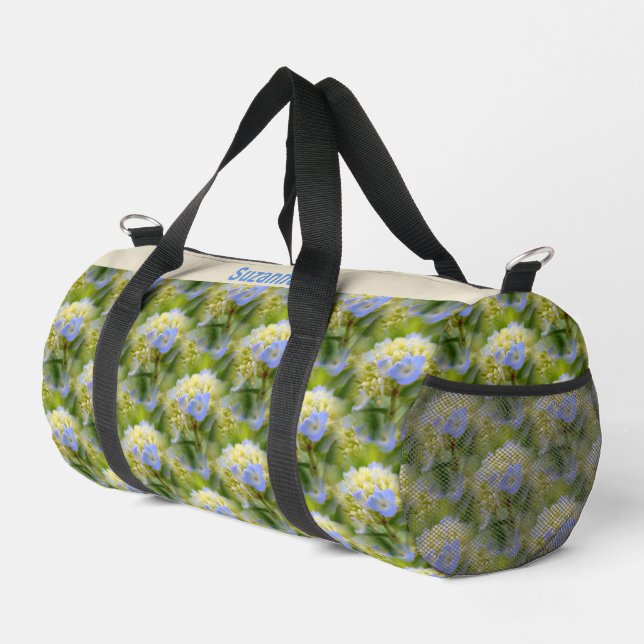 Blaues Hydrangea-Blume-Muster Personalisiert Duffle Bag (Rechte Ecke)