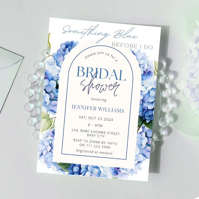 Blaues Hydrangea-Brautparty Einladung (Something Blue Before I Do Blue Hydrangea Floral Arch Elegant Romantic Bridal Shower Invitation)