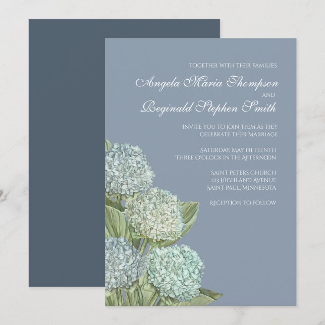 Blaues Hydrangea/dusty Blue Back Wedding Einladung (Vorne/Hinten)