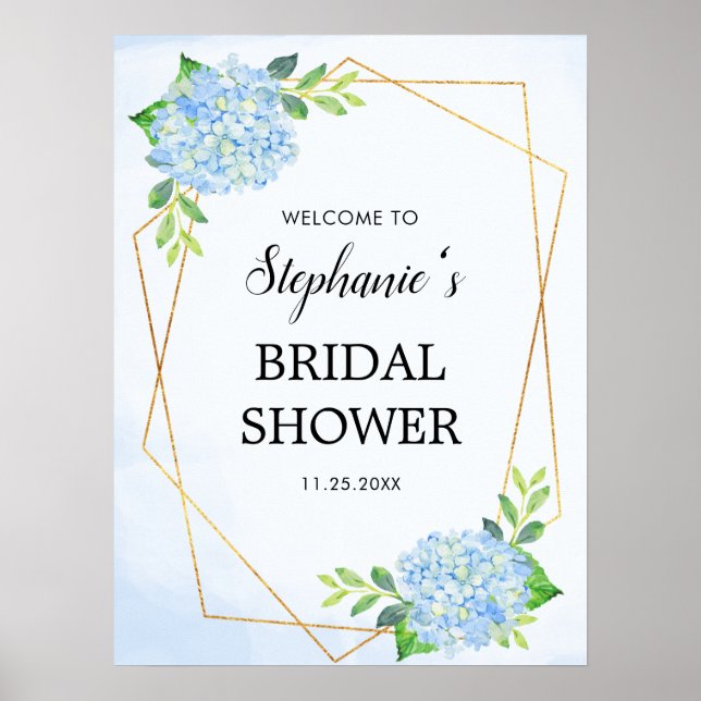 Blaues Hydrangea Geometrisches Brautparty Poster (Vorne)