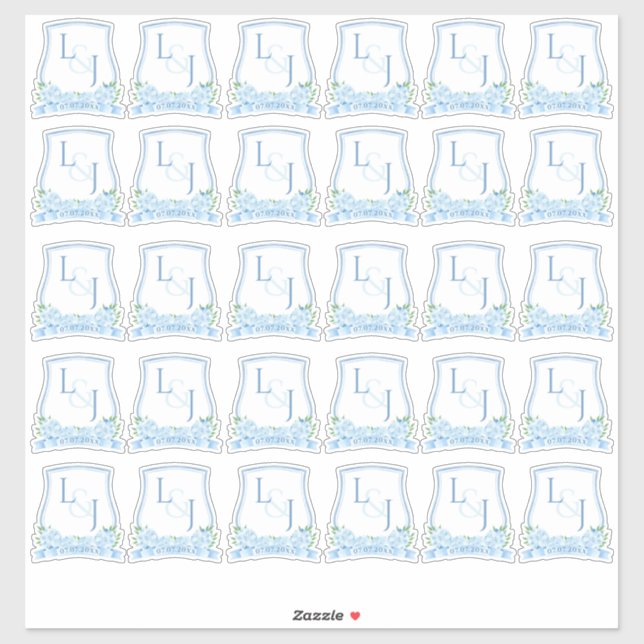 Blaues Hydrangea-Hochzeitsmonogramm Aufkleber (Blatt)