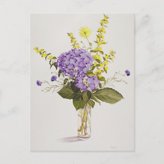 Blaues Hydrangea mit gelber Loosestrife Postkarte (Vorderseite)