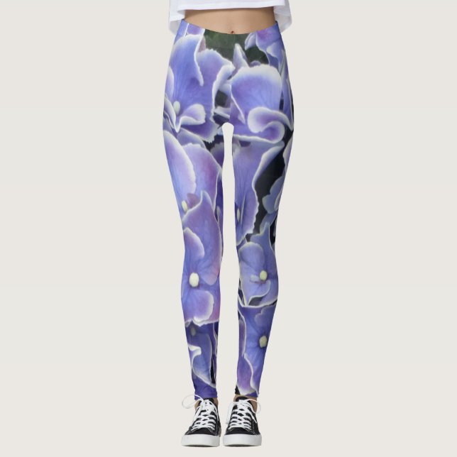 Blaues Hydrangea mit weißem Grenzbelag Leggings (Vorderseite)