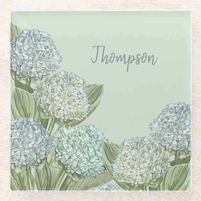 Blaues Hydrangea/Sage Green Glasuntersetzer (Vorderseite)