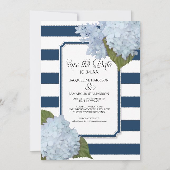 Blaues Hydrangea Save the Date breites Streifen Einladung (Vorderseite)