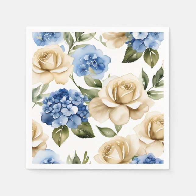 Blaues Hydrangea und Rose Serviette (Vorderseite)