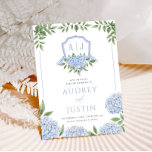 Blaues Hydrangea-Wappen Save the Date Einladung<br><div class="desc">Dieses schöne Design zeichnet sich durch blauen Hydrangea Blüten und Ihren eigenen Text zusammen mit Aquarell lackierten Wappen mit einem Band und Hydrangeas. Fügen Sie Ihre Informationen mithilfe des Vorlagenformulars hinzu.</div>