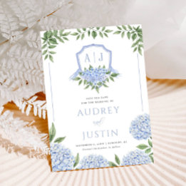 Blaues Hydrangea-Wappen Save the Date Einladung