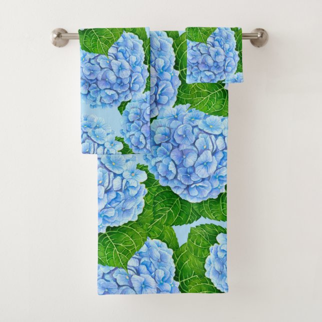 Blaues Hydrangea-Wasserfarbenmuster Badhandtuch Set (Insitu)