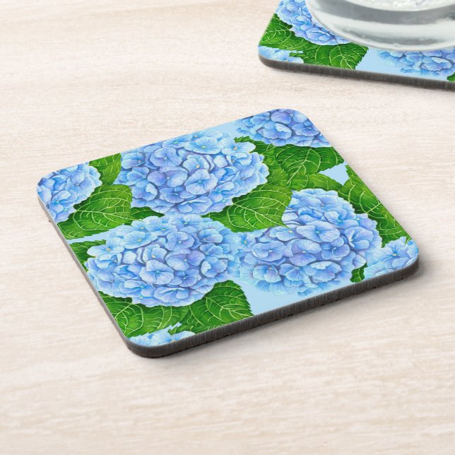 Blaues Hydrangea-Wasserfarbenmuster Getränkeuntersetzer (Linke Seite)
