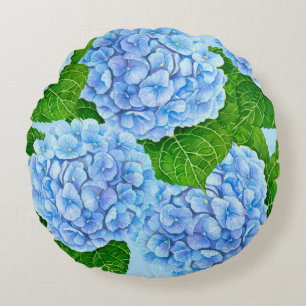 Blaues Hydrangea-Wasserfarbenmuster Rundes Kissen
