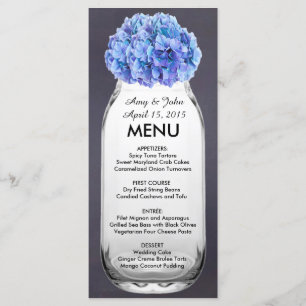 Blaues Hydrangea-Weckglas-Hochzeitsmenü hydrangea7 Menükarte